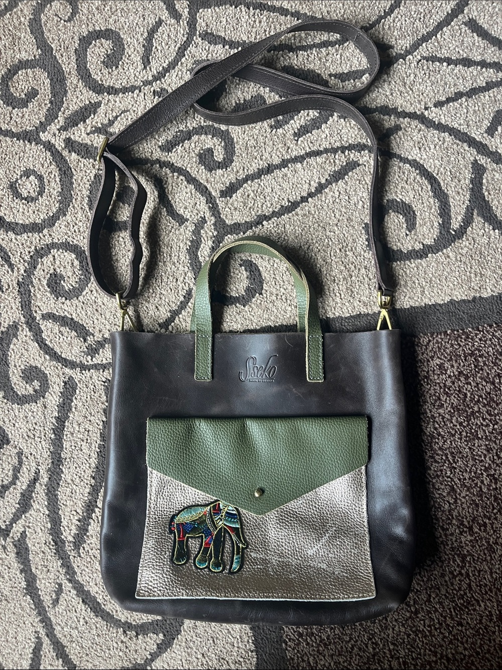 Sseko Black Green Silver Elephant Patch Satchel